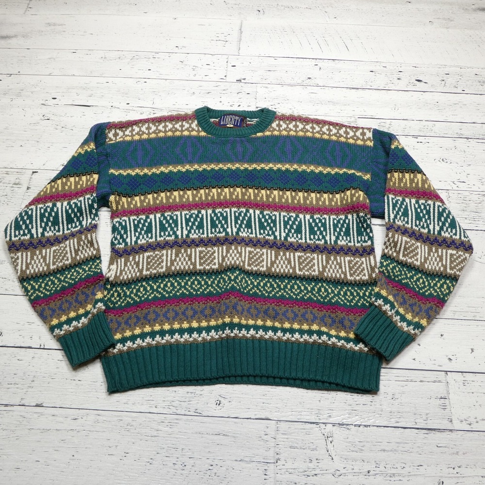 VINTAGE Liberty Sweater Adult Medium Green Cotton Geometric Cable‎ Knit USA Made